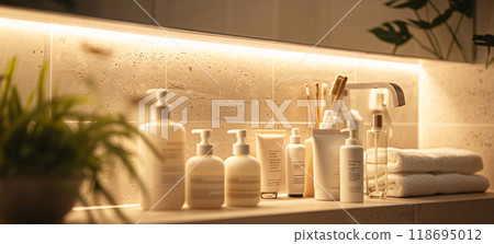 Modern bathroom with elegant toiletries and soft lighting, creating serene atmosphere 118695012