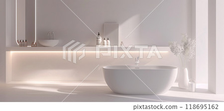 Minimalist white bathroom setting with sleek bathtub and elegant decor 118695162