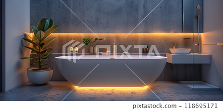 A modern bathroom interior featuring sleek bathtub and stylish decor A modern bathroom interior featuring sleek bathtub and stylish decor 118695171