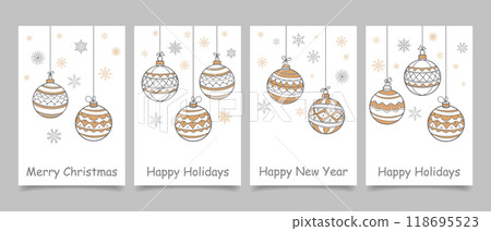 Christmas balls with snowflakes. Set of greeting card templates background in outline style. Minimal new year illustration. 118695523
