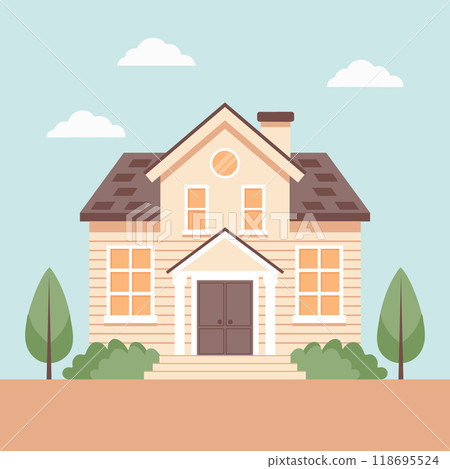 Cozy country house among green trees and bushes. Rural cozy cottage. Flat style illustration Cozy country house among green trees and bushes. Rural cozy cottage. Flat style illustration 118695524