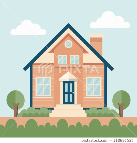 Cozy country house among green trees and bushes. Rural cozy cottage. Flat style illustration 118695525
