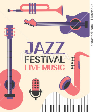 Jazz poster background template for music festival with guitar, saxophone, trumpet, piano keys. Event flyer design. Vintage retro style illustration Jazz poster background template for music festival with guitar, saxophone, trumpet, piano keys. Event flyer design. Vintage retro style illustration 118695526
