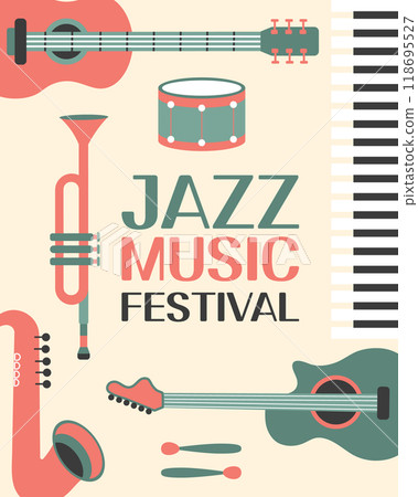 Jazz poster background template for music festival with guitar, saxophone, trumpet, piano keys. Event flyer design. Vintage retro style illustration 118695527
