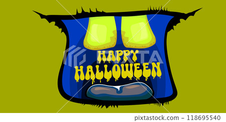 Vector Happy halloween cartoon greeting card with funny zombie monster open mouth with rotten teeth isolated on green background. Vector Halloween poster and flyer with funny orange monster mouth. 118695540