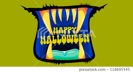 Vector Happy halloween cartoon greeting card with funny zombie monster open mouth with rotten teeth isolated on green background. Vector Halloween poster and flyer with funny orange monster mouth. 118695545