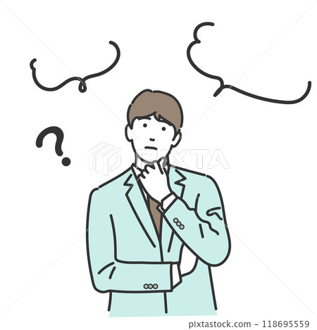 一位身穿西裝的商人,雙臂交叉,手放在下巴上,思考向量插圖語音氣泡,擔心白色背景 一位身穿西裝的商人,雙臂交叉,手放在下巴上,思考向量插圖語音氣泡,擔心白色背景 118695559