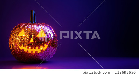 Halloween pumpkin decorating sequined, jack o lantern with carved scary face, sparkling decoration for the holiday on dark purple background 118695656