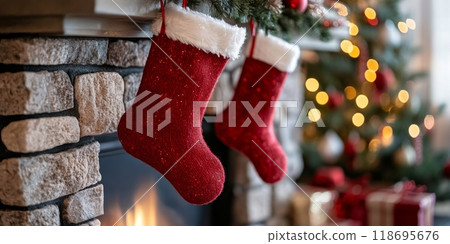 Two red Christmas socks hanging on fireplace mantel, Christmas atmosphere on the eve of miracle, festive New Year decoration at home on blurred Christmas tree background Two red Christmas socks hanging on fireplace mantel, Christmas atmosphere on the eve of miracle, festive New Year decoration at home on blurred Christmas tree background 118695676