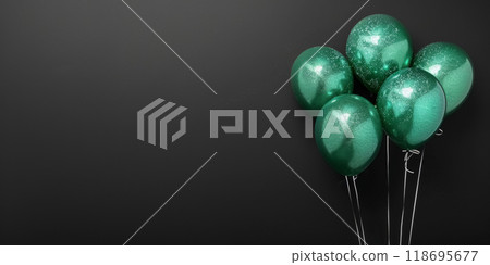 Bunch of glittering green balloons on simple black background with copy space. Greeting card for birthday, party, celebration or sale on black Friday 118695677