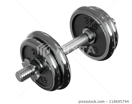 Black adjustable dumbbell, weightlifting gym equipment, side view 118695744
