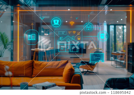 Step into a smart home interior where AI-powered devices seamlessly integrate into everyday life, enhancing convenience and efficiency, Ai-centered world Step into a smart home interior where AI-powered devices seamlessly integrate into everyday life, enhancing convenience and efficiency, Ai-centered world 118695842