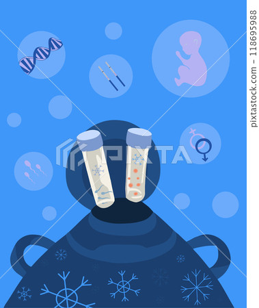 Laboratory equipment displays frozen eggs and sperm samples, illustrating the cryopreservation process for fertility preservation 118695988