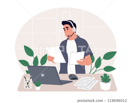 Call center. Man with a headset for support and communication in the office. A telemarketing agent works on deals, advises clients 118696012
