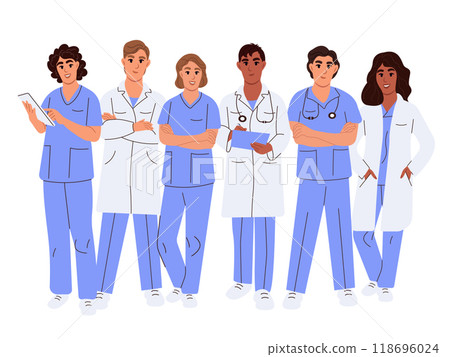 Team of doctors, group medical portrait. Set of diverse doctors characters. Male and female medical workers - doctors, physicians, paramedics, nurses isolated on white background. 118696024