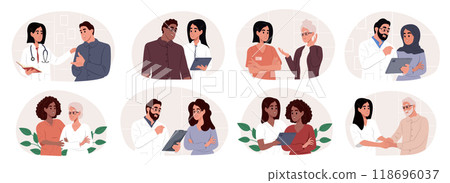 Doctors and patients of different races and ages. Nursing home. Set of diverse doctors characters. Nurses and doctors care for the elderly in a nursing home. Illustrations in cartoon style. Doctors and patients of different races and ages. Nursing home. Set of diverse doctors characters. Nurses and doctors care for the elderly in a nursing home. Illustrations in cartoon style. 118696037