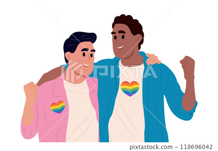 Happy gay couple hugging, spending time together. LGBTQ people with rainbow hearts. Pride month. Vector flat illustration isolated on white background 118696042