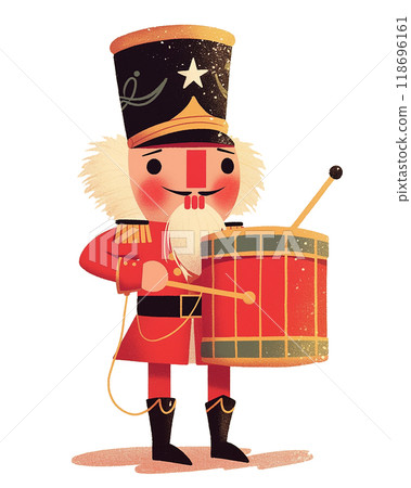 A cartoon nutcracker character dressed in a red uniform and a black hat is holding a red drum. The character has a mustache and is wearing a red coat A cartoon nutcracker character dressed in a red uniform and a black hat is holding a red drum. The character has a mustache and is wearing a red coat 118696161