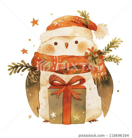 A cute owl wearing a red scarf and a Santa hat. The owl is sitting on a branch with berries and snowflakes in the background A cute owl wearing a red scarf and a Santa hat. The owl is sitting on a branch with berries and snowflakes in the background 118696164