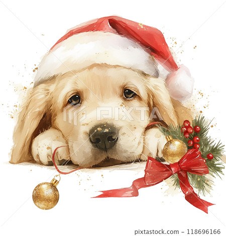 A dog wearing a Santa hat and a red bow is laying on a white background. The dog is surrounded by Christmas decorations, including a bunch of Christmas balls and a Christmas tree A dog wearing a Santa hat and a red bow is laying on a white background. The dog is surrounded by Christmas decorations, including a bunch of Christmas balls and a Christmas tree 118696166