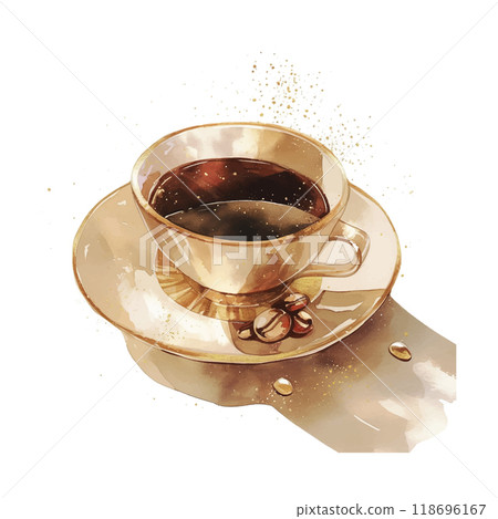 A cup of coffee is sitting on a white plate. The coffee is dark and has a rich aroma. The cup is made of glass and has a handle. The plate is decorated with gold and silver designs A cup of coffee is sitting on a white plate. The coffee is dark and has a rich aroma. The cup is made of glass and has a handle. The plate is decorated with gold and silver designs 118696167