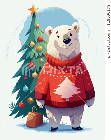 A polar bear is wearing a red sweater and a Santa hat. The bear is standing in front of a Christmas tree and a Christmas light display A polar bear is wearing a red sweater and a Santa hat. The bear is standing in front of a Christmas tree and a Christmas light display 118696178
