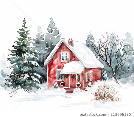 A red house with a white chimney sits in front of a pine tree. A deer is walking in the snow near the house A red house with a white chimney sits in front of a pine tree. A deer is walking in the snow near the house 118696180