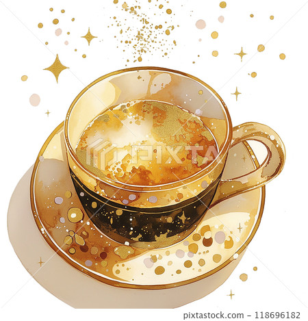 A cup of coffee with a spoon on top of it. The coffee is black and has some coffee beans floating in it. The cup is on a white plate A cup of coffee with a spoon on top of it. The coffee is black and has some coffee beans floating in it. The cup is on a white plate 118696182