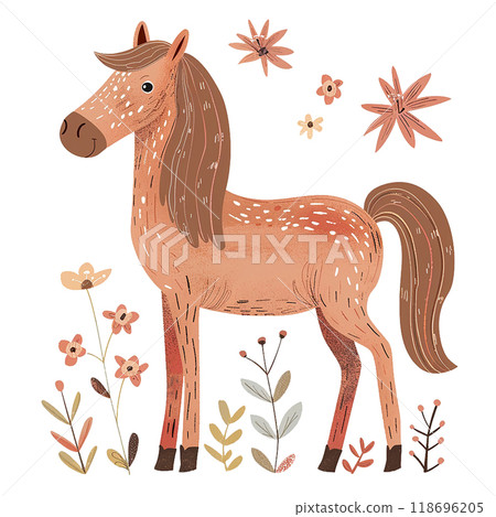 A cartoon horse is standing in a field of flowers. The horse has a big smile on its face and looks happy. The flowers are scattered around the horse, with some closer to the horse. The scene is bright 118696205