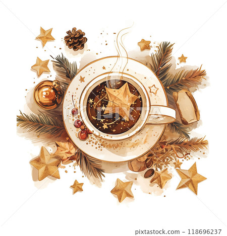A cup of coffee with a spoon on a plate with a star and pine needles. The coffee is hot and the star is shining brightly 118696237