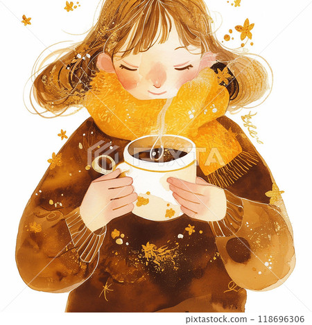 A girl is holding a cup of coffee and wearing a yellow scarf. She is smiling and she is enjoying her drink A girl is holding a cup of coffee and wearing a yellow scarf. She is smiling and she is enjoying her drink 118696306