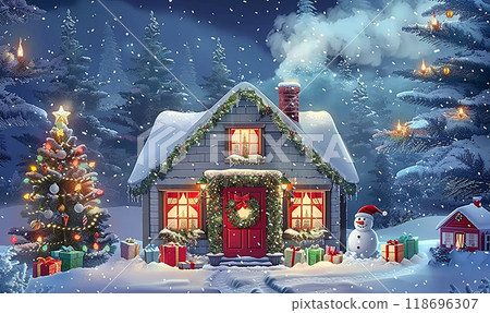 A snow-covered house with a red door and a snowman standing in front of it. The house is decorated with Christmas lights and a Christmas tree 118696307