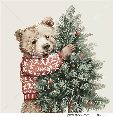 A bear is holding a Christmas tree branch in its mouth. The bear is wearing a red sweater and he is happy 118696308