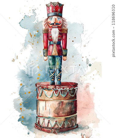 A red and black nutcracker with a mustache and a drum. The nutcracker is holding a drum in his right hand A red and black nutcracker with a mustache and a drum. The nutcracker is holding a drum in his right hand 118696310