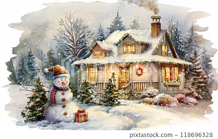 A snowman stands in front of a house with a chimney. The house is surrounded by trees and has a cozy, wintery atmosphere 118696328