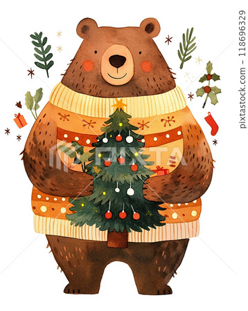A bear is holding a Christmas tree in its paws. The bear is wearing a sweater and he is happy 118696329