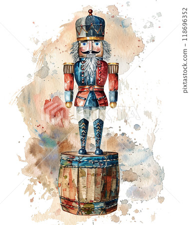 A red and black nutcracker with a mustache and a drum. The nutcracker is holding a drum in his right hand A red and black nutcracker with a mustache and a drum. The nutcracker is holding a drum in his right hand 118696352