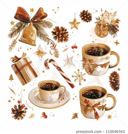 A collection of coffee cups, mugs, and a box with a bow on it. The cups and mugs are arranged in a way that suggests a festive atmosphere, possibly for a holiday gathering A collection of coffee cups, mugs, and a box with a bow on it. The cups and mugs are arranged in a way that suggests a festive atmosphere, possibly for a holiday gathering 118696362