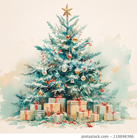 A Christmas tree with many ornaments and a star on top. The tree is surrounded by boxes of gifts, which are also decorated with ribbons. Scene is festive and joyful 118696366