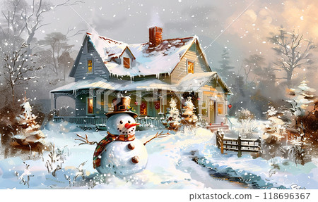 A snowman stands in front of a house with a chimney. The house is surrounded by trees and has a cozy, wintery atmosphere 118696367