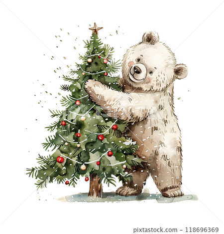 A polar bear is holding a Christmas tree with lights on it. The bear is wearing a red sweater and he is enjoying the festive season 118696369