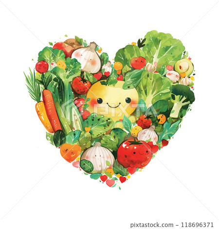 A cartoon heart made of vegetables and fruits. The heart is full of vegetables and fruits such as carrots, broccoli, and tomatoes. The cartoon character inside the heart is smiling and happy A cartoon heart made of vegetables and fruits. The heart is full of vegetables and fruits such as carrots, broccoli, and tomatoes. The cartoon character inside the heart is smiling and happy 118696371