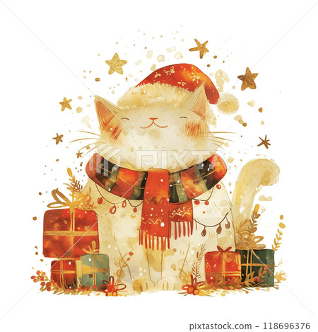 A cat wearing a Santa hat and bow tie is sitting on a bed with holly berries. The cat appears to be sleepy and relaxed A cat wearing a Santa hat and bow tie is sitting on a bed with holly berries. The cat appears to be sleepy and relaxed 118696376