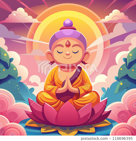 A cartoon of a Buddha boy sitting on a lotus flower. The boy is smiling and he is in a peaceful and calm state 118696395