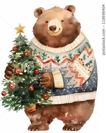 A bear is holding a Christmas tree with bells on it. The bear is wearing a red and blue sweater 118696404