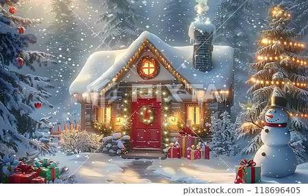 A snow-covered house with a red door and a snowman standing in front of it. The house is decorated with Christmas lights and a Christmas tree 118696405