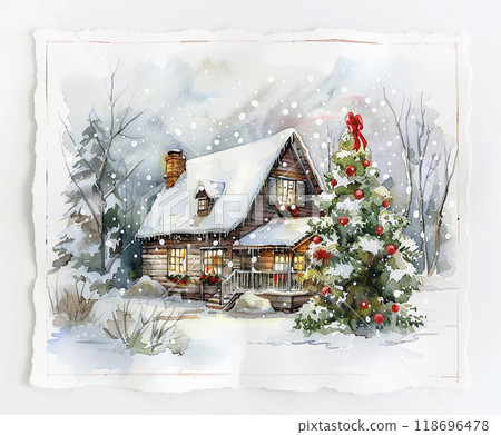 A cabin in the woods with a deer and a couple of other deer in the background. The cabin is surrounded by trees and snow 118696478