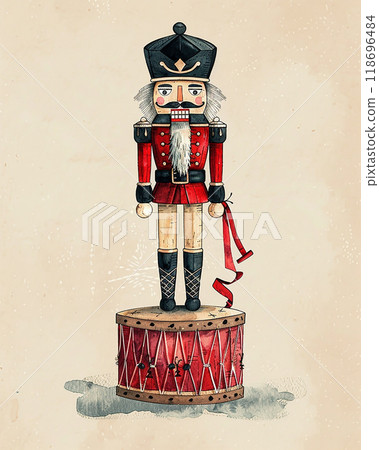 A red and black nutcracker with a mustache and a drum. The nutcracker is holding a drum in his right hand A red and black nutcracker with a mustache and a drum. The nutcracker is holding a drum in his right hand 118696484