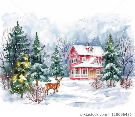 A red house with a white roof and a white chimney. A deer is walking in front of the house A red house with a white roof and a white chimney. A deer is walking in front of the house 118696485
