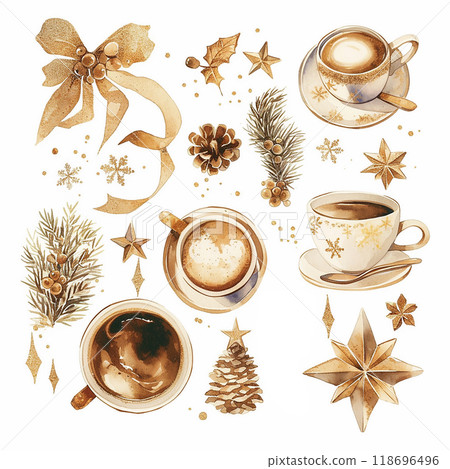 A collection of coffee cups, mugs, and a box with a bow on it. The cups and mugs are arranged in a way that suggests a festive atmosphere, possibly for a holiday gathering A collection of coffee cups, mugs, and a box with a bow on it. The cups and mugs are arranged in a way that suggests a festive atmosphere, possibly for a holiday gathering 118696496